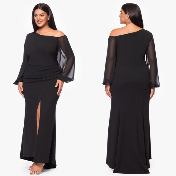 NEW Betsy & Adam BLACK Plus Size DONNA Off The Shoulder ILLUSION SLEEVE GOWN 20W - Picture 3 of 13